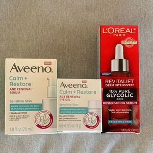 Aveeno Calm + Restore Age Renewal Serum & Eye Gel & L’Oréal Resurfacing Serum